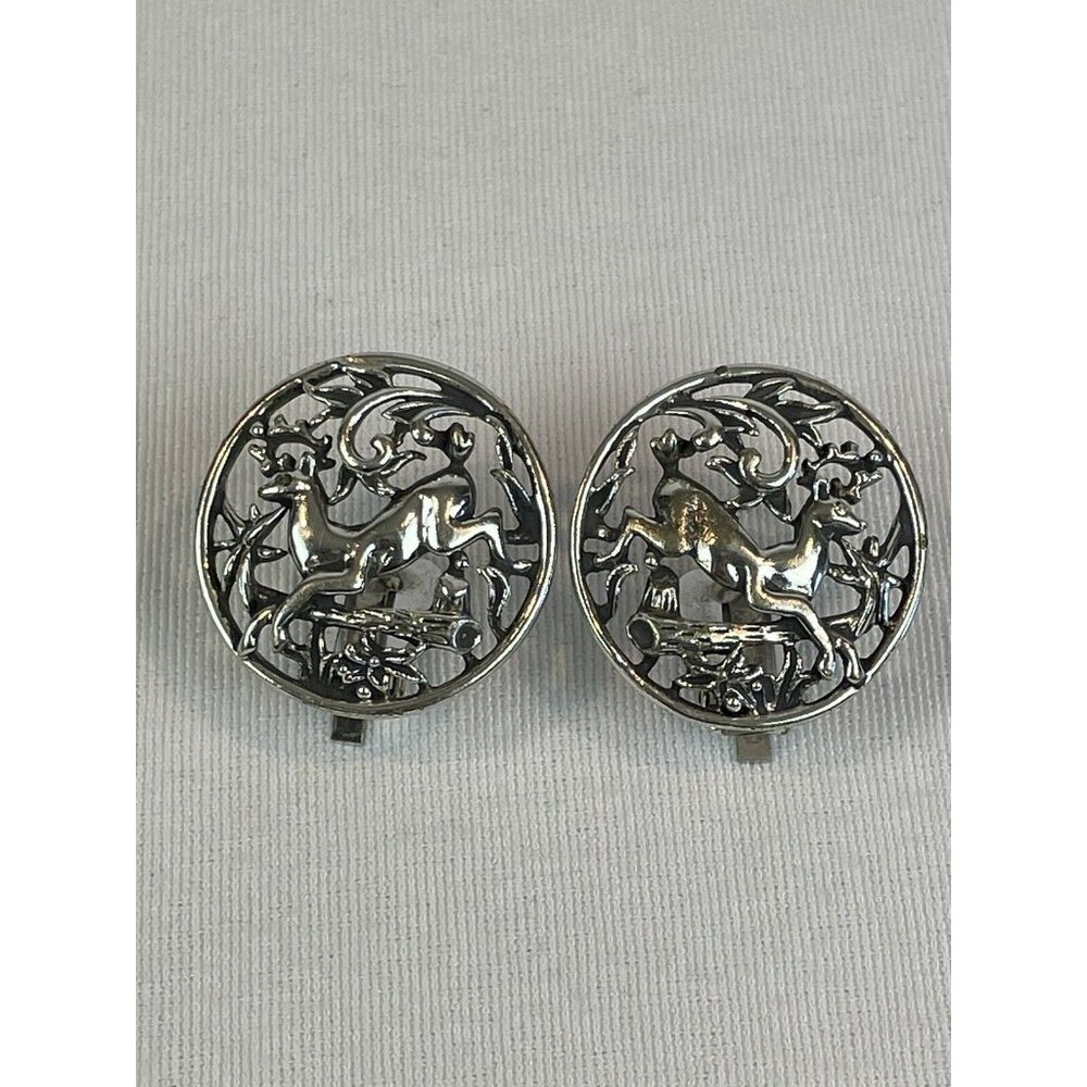 Vintage SARAH COVENTRY Woodland Flight Deer Reindeer Silver Tone Clip Earrings